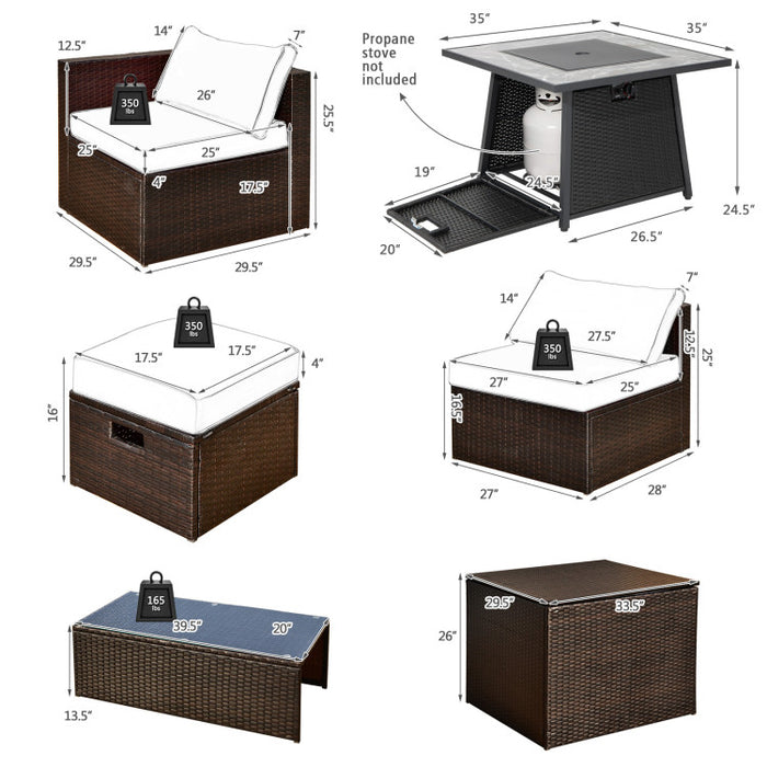 9 Pieces Patio PE Wicker Sectional Set with 50000 BTU Fire Pit Table