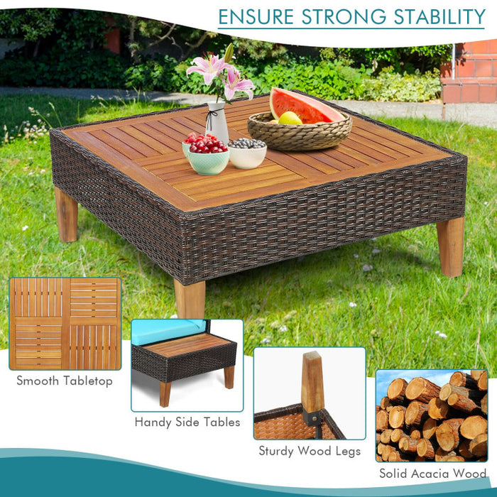 4 Pieces Patio Cushioned Rattan Furniture Set with Wooden Side Table