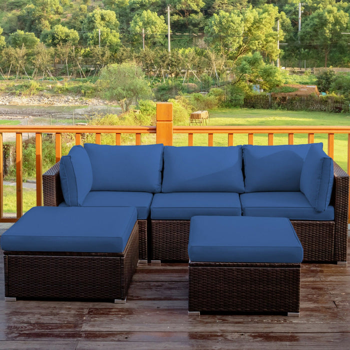 5 Pieces Patio Sectional Rattan Furniture Set with Ottoman Table