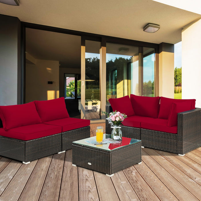 5 Pieces Cushioned Patio Rattan Furniture Set with Glass Table