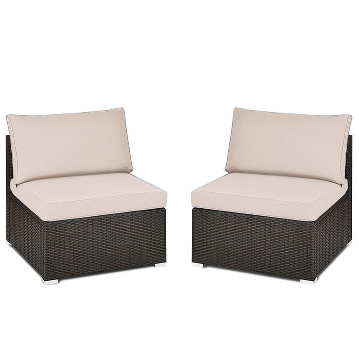 2 Pieces Patio Rattan Armless Sofa Set with 2 Cushions and 2 Pillows