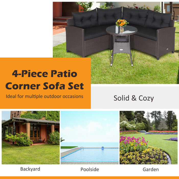 4 Pieces Patio Rattan Furniture Set Cushioned Sofa Glass Table