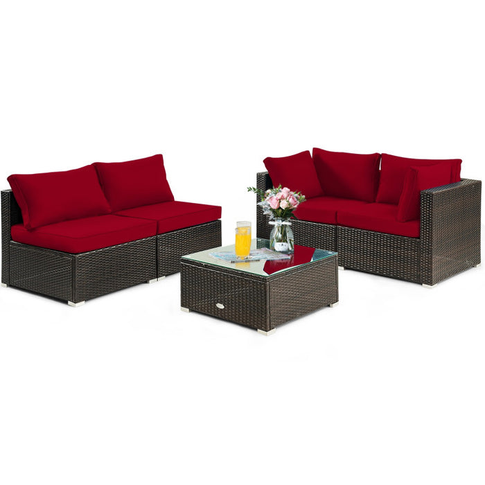 5 Pieces Cushioned Patio Rattan Furniture Set with Glass Table