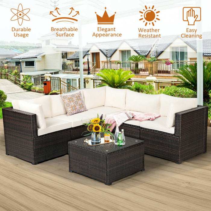 6 Pieces Rattan Patio Sectional Sofa Set with Cushions for 4-5 Person