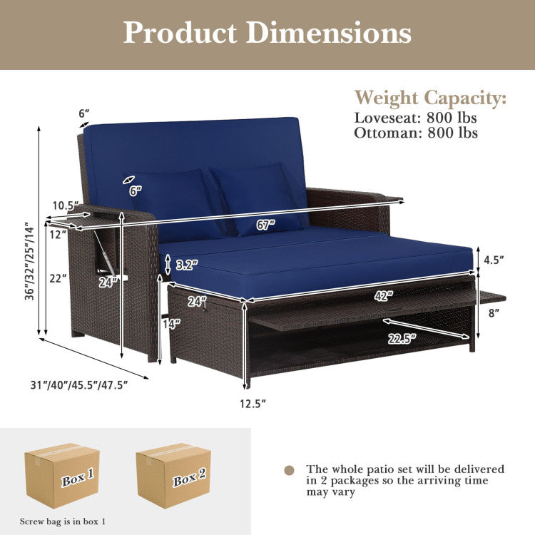 Patio Rattan Daybed with 4-Level Adjustable Backrest and Retractable Side Tray