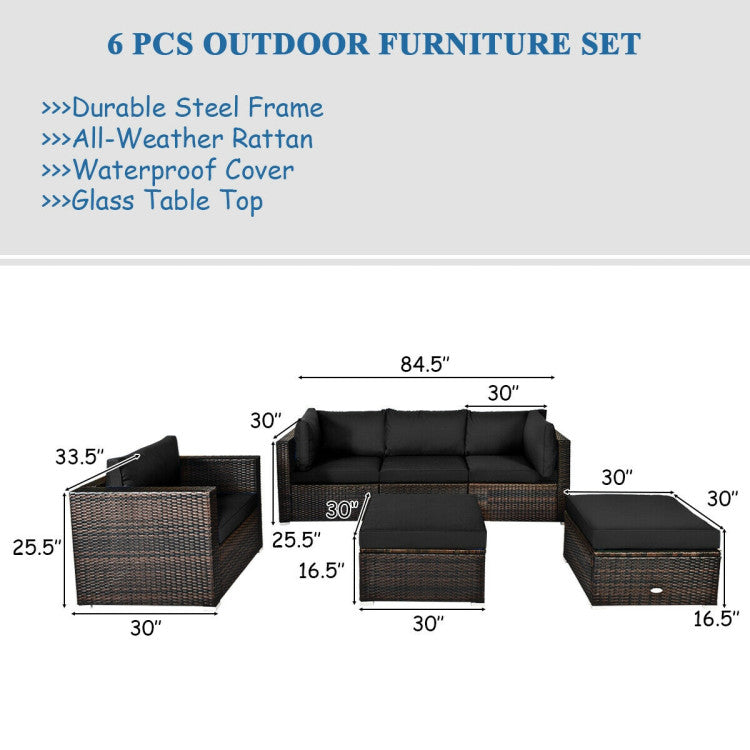 6 Pieces Patio Rattan Furniture Set with Sectional Cushion