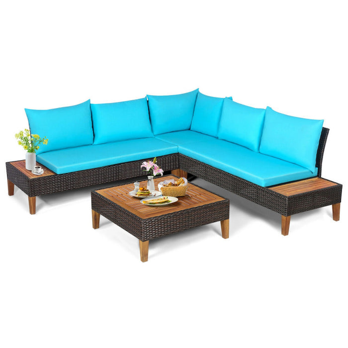 4 Pieces Patio Cushioned Rattan Furniture Set with Wooden Side Table