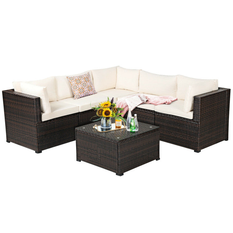 6 Pieces Rattan Patio Sectional Sofa Set with Cushions for 4-5 Person