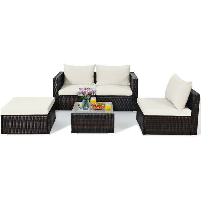 5 Pieces Patio Rattan Sectional Furniture Set with Cushions and Coffee Table