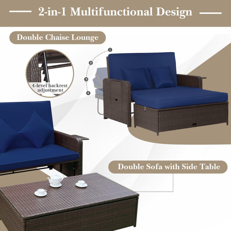 Patio Rattan Daybed with 4-Level Adjustable Backrest and Retractable Side Tray
