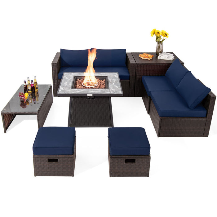 9 Pieces Patio PE Wicker Sectional Set with 50000 BTU Fire Pit Table