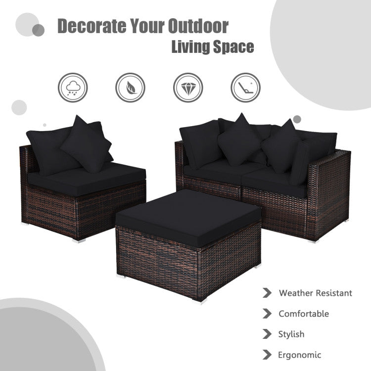 4 Pieces Patio Rattan Furniture Set with Removable Cushions and Pillows