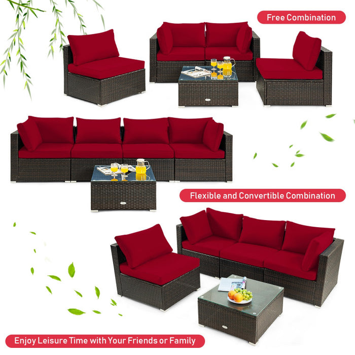 5 Pieces Cushioned Patio Rattan Furniture Set with Glass Table