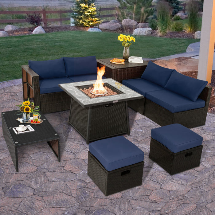 9 Pieces Patio PE Wicker Sectional Set with 50000 BTU Fire Pit Table