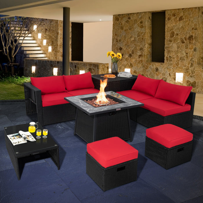 9 Pieces Outdoor Wicker Sectional with 35 Inch Gas Fire Pit Table