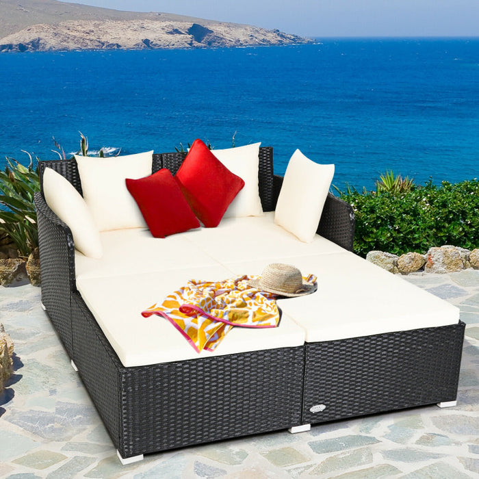 Spacious Outdoor Rattan Daybed with Upholstered Cushion