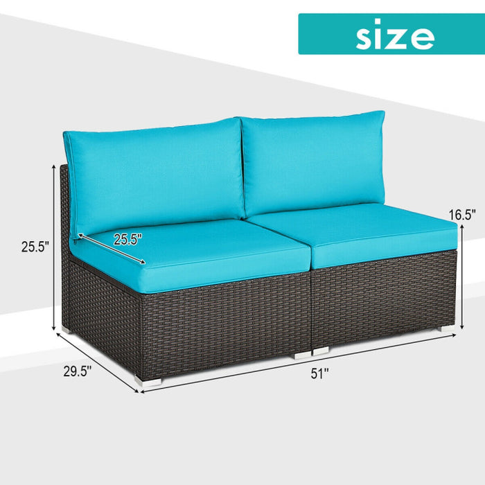 2 Pieces Patio Rattan Armless Sofa Set with 2 Cushions and 2 Pillows