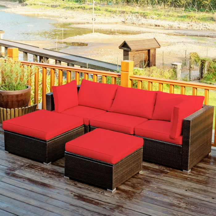 5 Pieces Patio Sectional Rattan Furniture Set with Ottoman Table