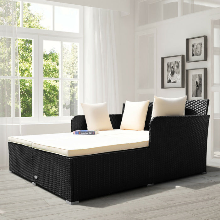 Spacious Outdoor Rattan Daybed with Upholstered Cushion