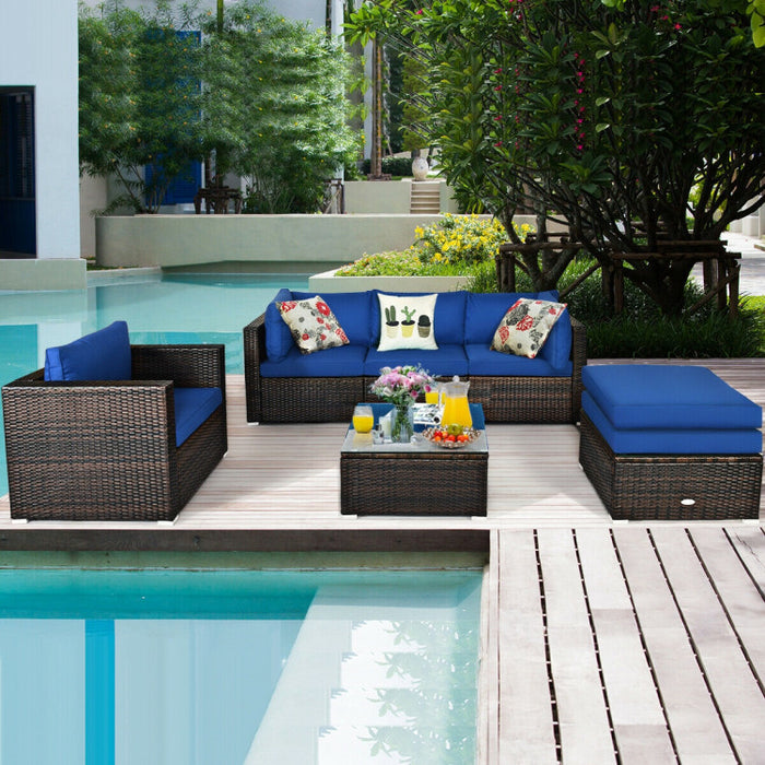 6 Pieces Patio Rattan Furniture Set with Sectional Cushion