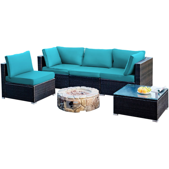 5 Pieces Cushioned Patio Rattan Furniture Set with Glass Table