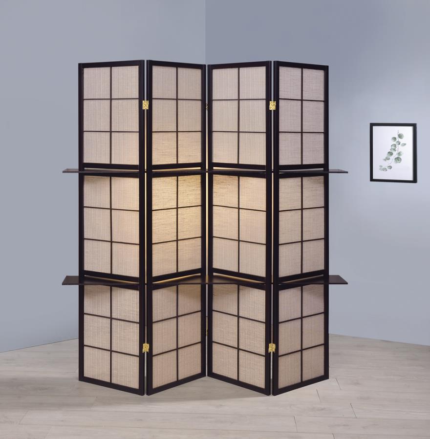Iggy 4-Panel Folding Screen With Removable Shelves Tan And Cappuccino