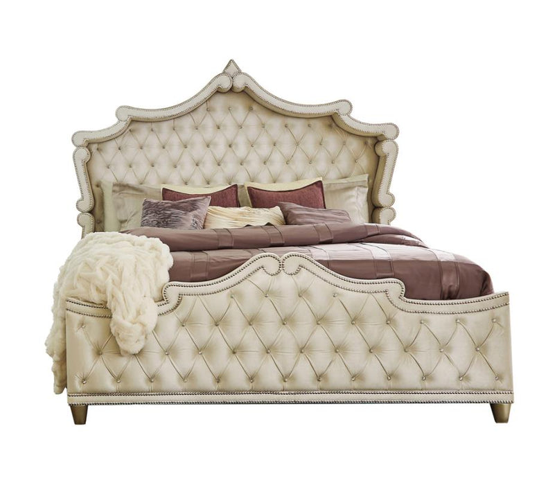 Antonella 5-Piece Eastern King Upholstered Tufted Bedroom Set Ivory and Camel