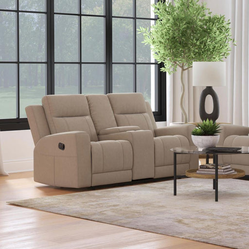 Brentwood Upholstered Motion Reclining Loveseat With Console Taupe