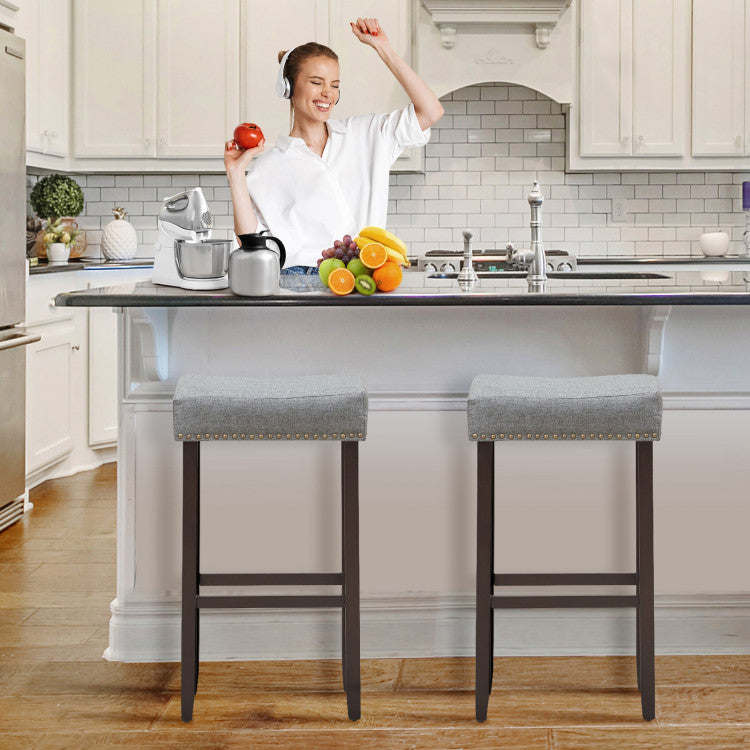 2 Pieces 29 Inch Backless Counter Height Stools with Brass Nail Head Studs