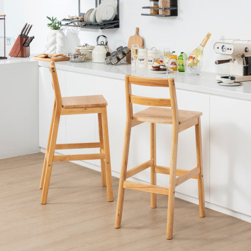 Set of 2 28 Inch Rubber Wood Armless Bar Stools with Backrest and Footrest