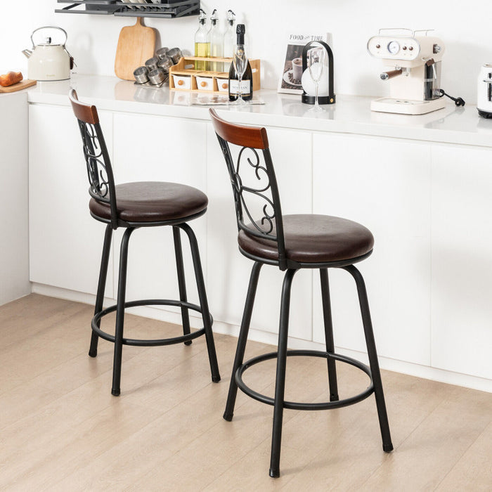 2 Pieces 24-30 Inch Adjustable PU Cushioned Swivel Barstools