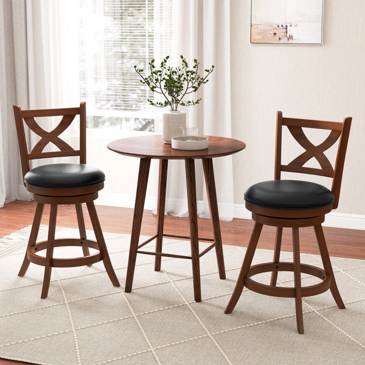 2 Pieces Classic Counter Height Swivel Bar Stool Set with X-shaped Open Back