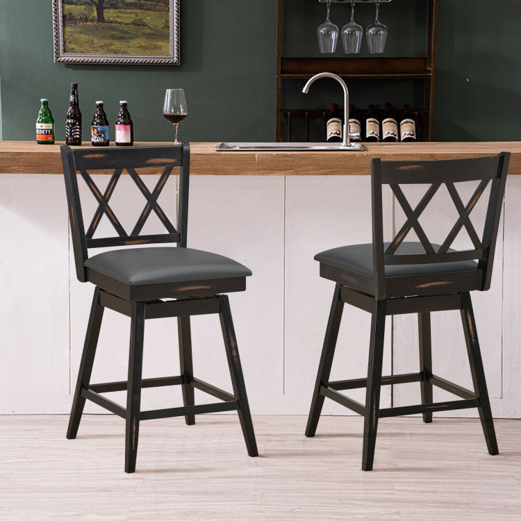 2 Pieces 25 Inch Swivel Counter Height Barstool Set with Rubber Wood Legs