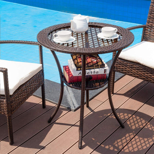 Round Rattan Wicker Coffee Table with Lower Shelf