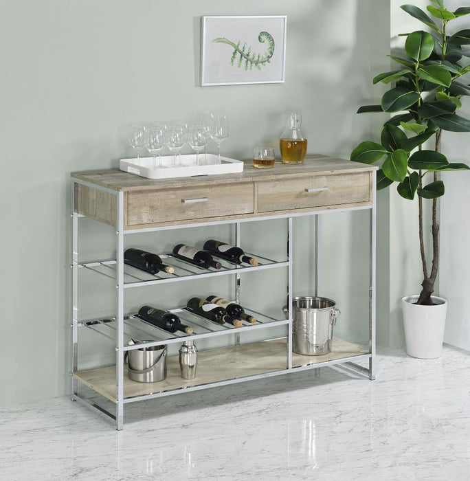 Melrose 2-shelf Wine Cabinet with 2 Drawers Gray Washed Oak and Chrome