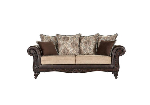 Elmbrook 3-piece Upholstered Rolled Arm Sofa Set with Intricate Wood Carvings Brown