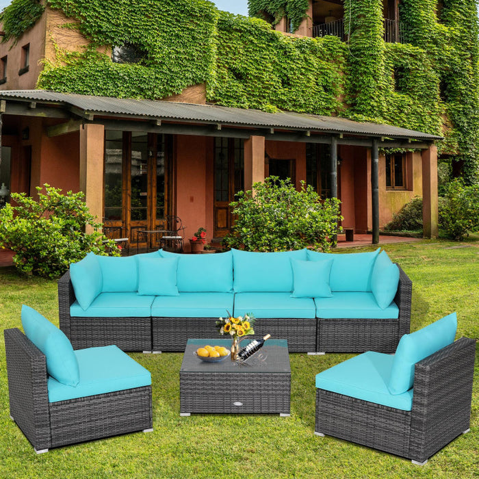 7 Pieces Patio Rattan Furniture Set with Sectional Sofa Cushioned