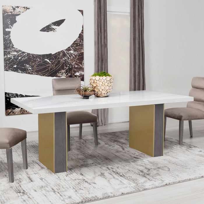 Carla Rectangular Dining Table with Cultured Carrara Marble Top White and Gold