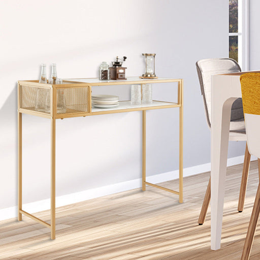 Faux Marble Console Table with Wire Baske for Entryway