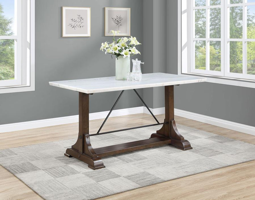 Aldrich Counter Height Trestle Base Dining Table with Genuine White Marble Top Dark Brown