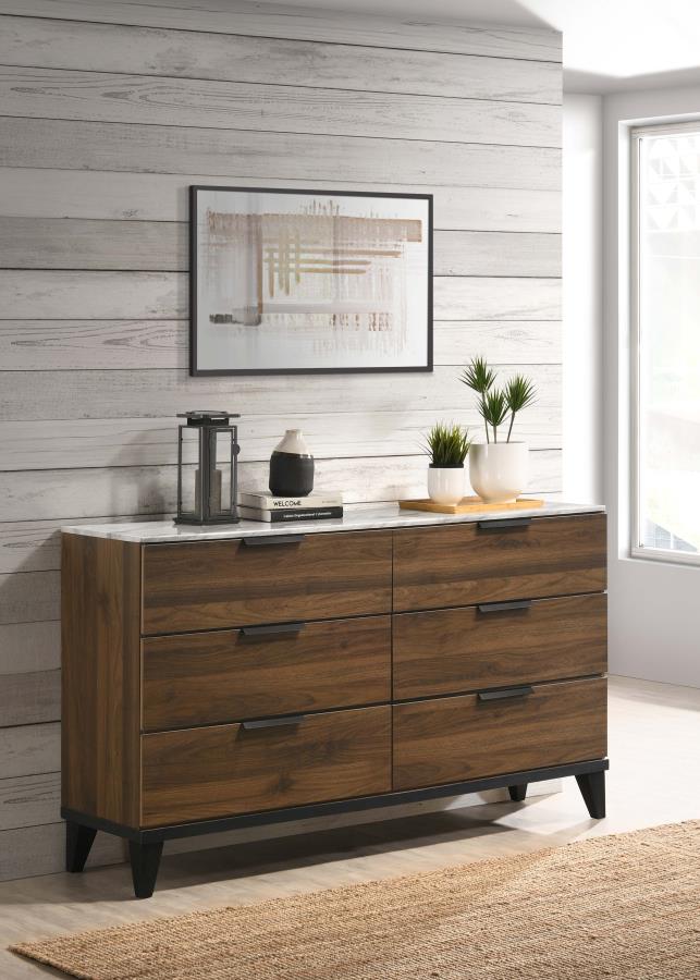 Mays 6-drawer Dresser Walnut Brown with Faux Marble Top