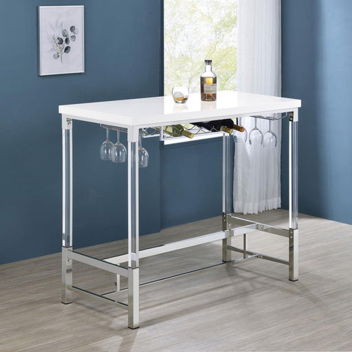 Norcrest Pub Height Bar Table With Acrylic Legs And Wine Storage White High Gloss