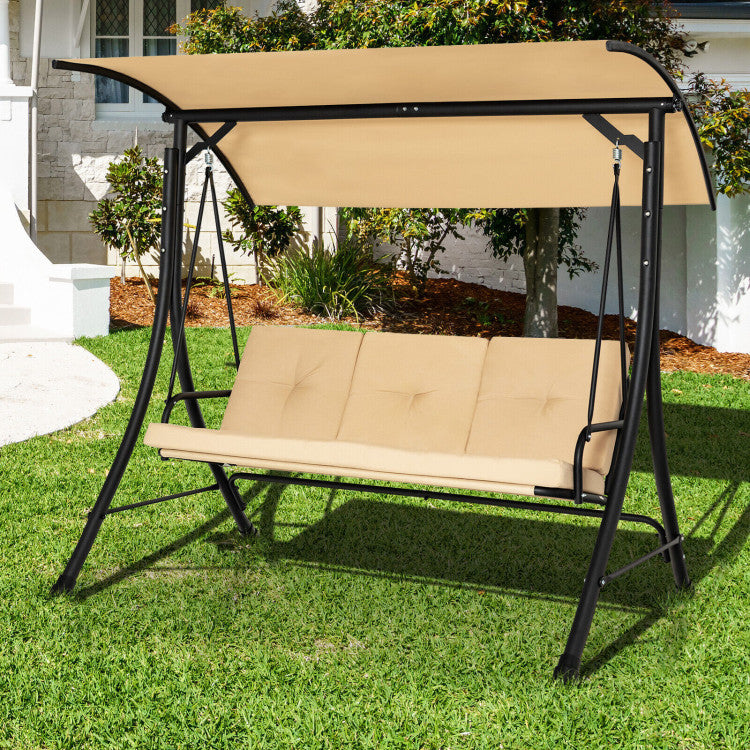 3-Seat Outdoor Porch Swing with Adjustable Canopy and Padded Cushions