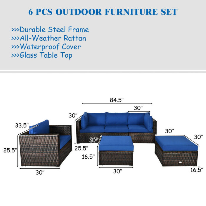 6 Pieces Patio Rattan Furniture Set with Sectional Cushion