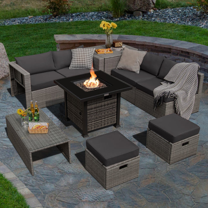 9 Pieces Outdoor Patio Furniture Set with 32-Inch Propane Fire Pit Table