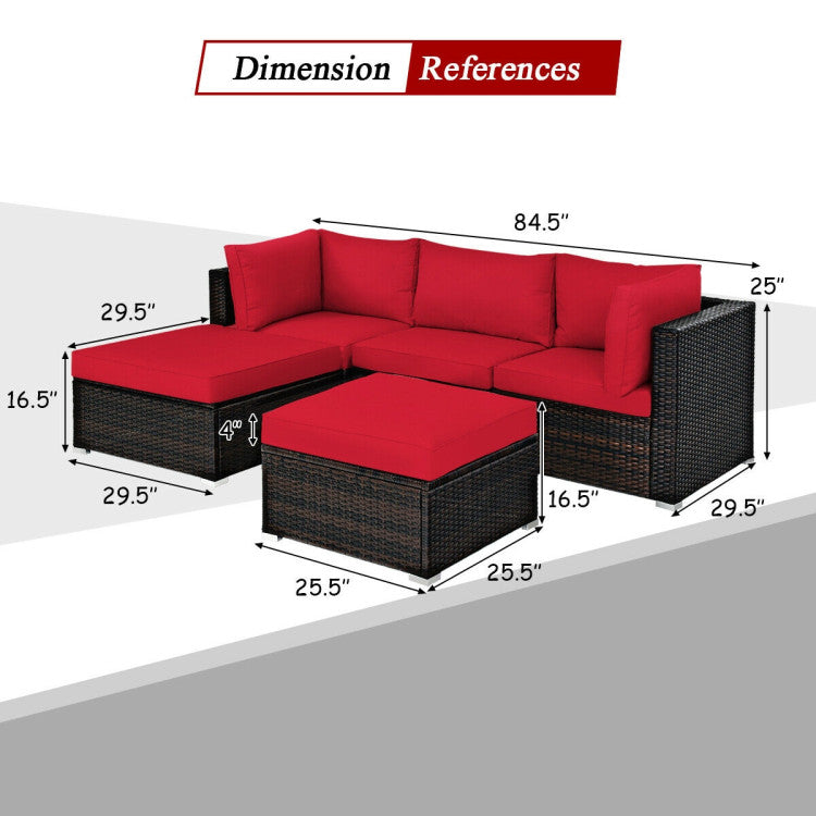 5 Pieces Patio Sectional Rattan Furniture Set with Ottoman Table