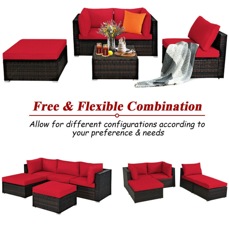 5 Pieces Patio Sectional Rattan Furniture Set with Ottoman Table