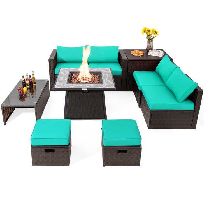 9 Pieces Patio PE Wicker Sectional Set with 50000 BTU Fire Pit Table