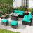 9 Pieces Patio PE Wicker Sectional Set with 50000 BTU Fire Pit Table