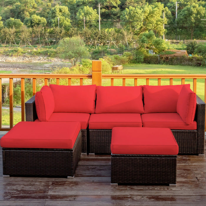 5 Pieces Patio Sectional Rattan Furniture Set with Ottoman Table